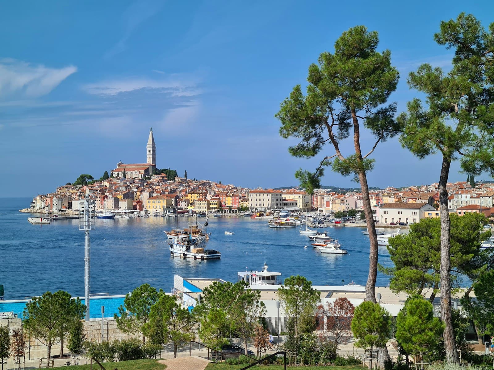 Rovinj — white and blue boat on sea near green trees and buildings under blue sky during daytime